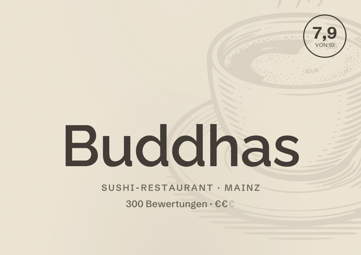 Illustriertes Poster von Buddhas, Sushi-Restaurant in Mainz: Bewertung 7,9 von 10 aus 300 Bewertungen, Preisniveau €€