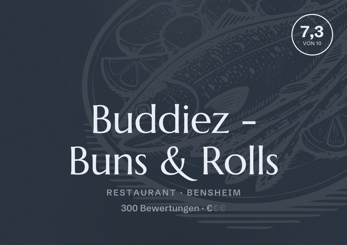 Illustriertes Poster von Buddiez - Buns & Rolls, Restaurant in Bensheim: Bewertung 7,3 von 10 aus 300 Bewertungen, Preisniveau €