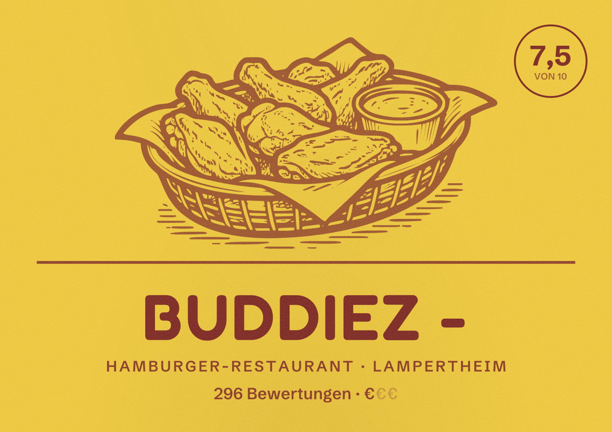 Illustriertes Poster von Buddiez -, Hamburger-Restaurant in Lampertheim: Bewertung 7,5 von 10 aus 296 Bewertungen, Preisniveau €