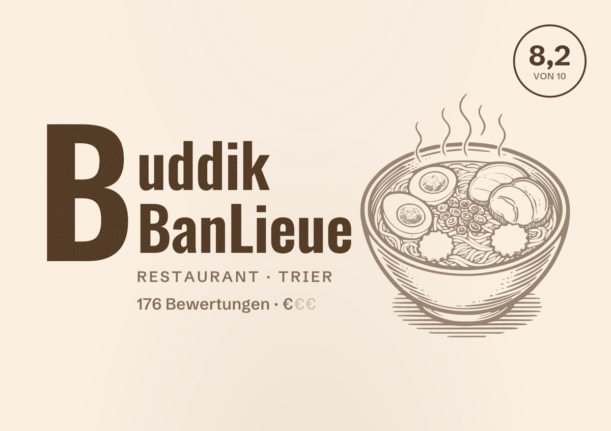 Illustriertes Poster von Buddik BanLieue, Restaurant in Trier: Bewertung 8,2 von 10 aus 176 Bewertungen, Preisniveau €