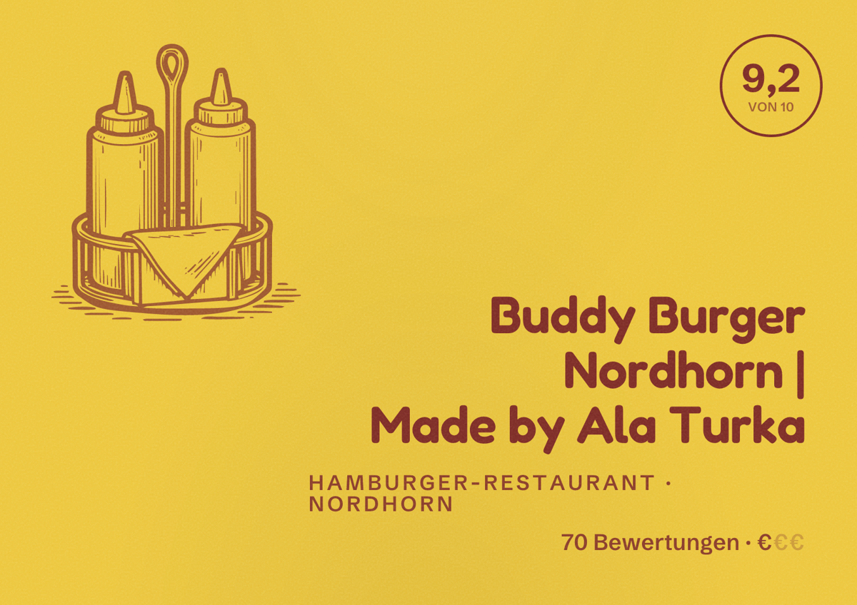 Illustriertes Poster von Buddy Burger Nordhorn | Made by Ala Turka, Hamburger-Restaurant in Nordhorn: Bewertung 9,2 von 10 aus 70 Bewertungen, Preisniveau €