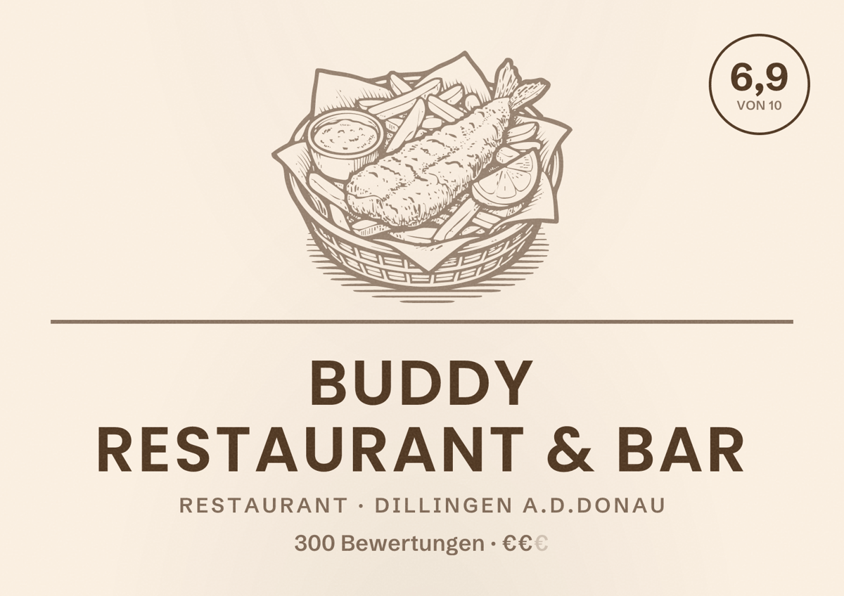 Illustriertes Poster von Buddy Restaurant & Bar, Restaurant in Dillingen a.d.Donau: Bewertung 6,9 von 10 aus 300 Bewertungen, Preisniveau €€