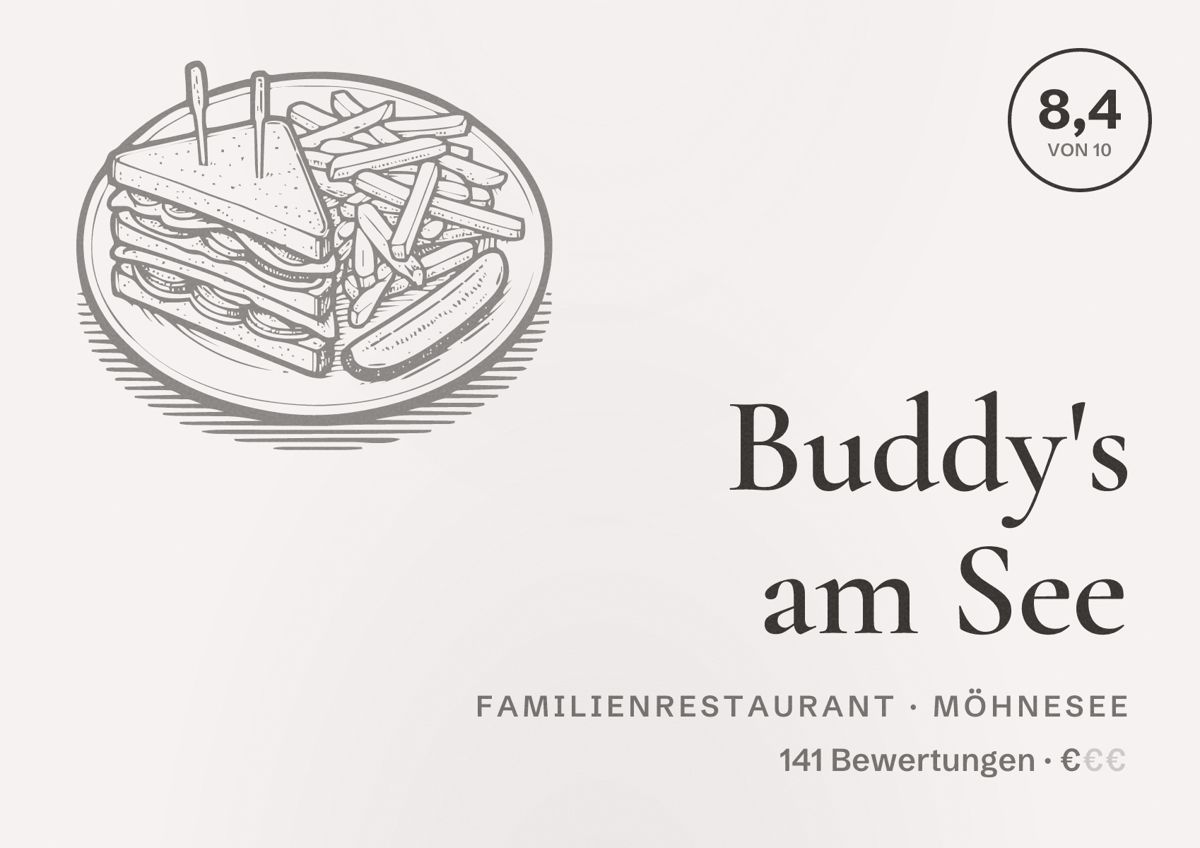 Illustriertes Poster von Buddy's am See, Familienrestaurant in Möhnesee: Bewertung 8,4 von 10 aus 141 Bewertungen, Preisniveau €