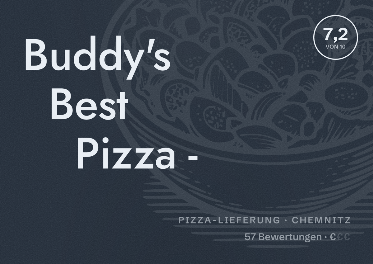 Illustriertes Poster von Buddy's Best Pizza -, Pizza-Lieferung in Chemnitz: Bewertung 7,2 von 10 aus 57 Bewertungen, Preisniveau €