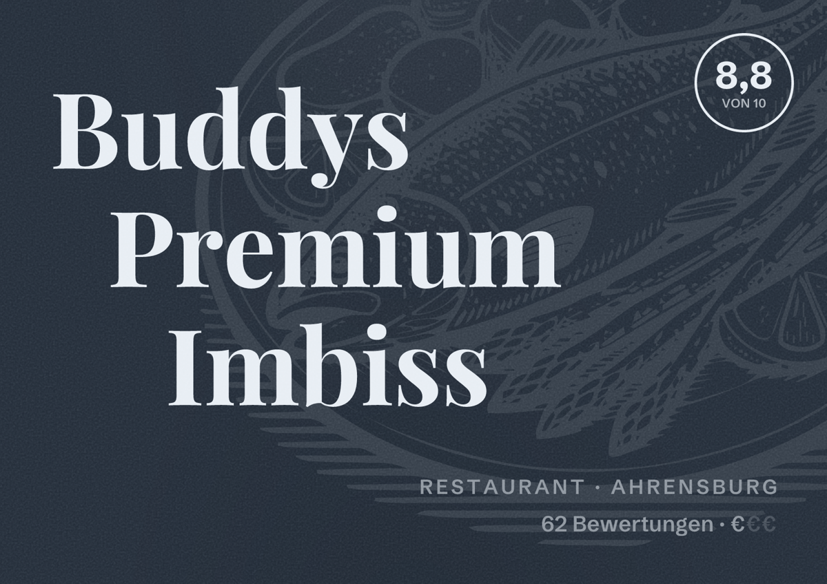 Illustriertes Poster von Buddys Premium Imbiss, Restaurant in Ahrensburg: Bewertung 8,8 von 10 aus 62 Bewertungen, Preisniveau €