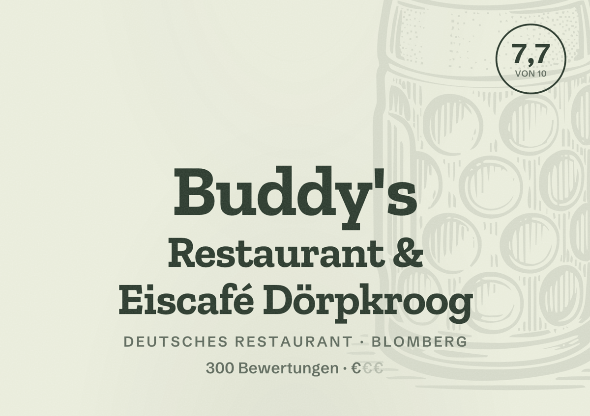 Illustriertes Poster von Buddy's Restaurant & Eiscafé Dörpkroog, Deutsches Restaurant in Blomberg: Bewertung 7,7 von 10 aus 300 Bewertungen, Preisniveau €