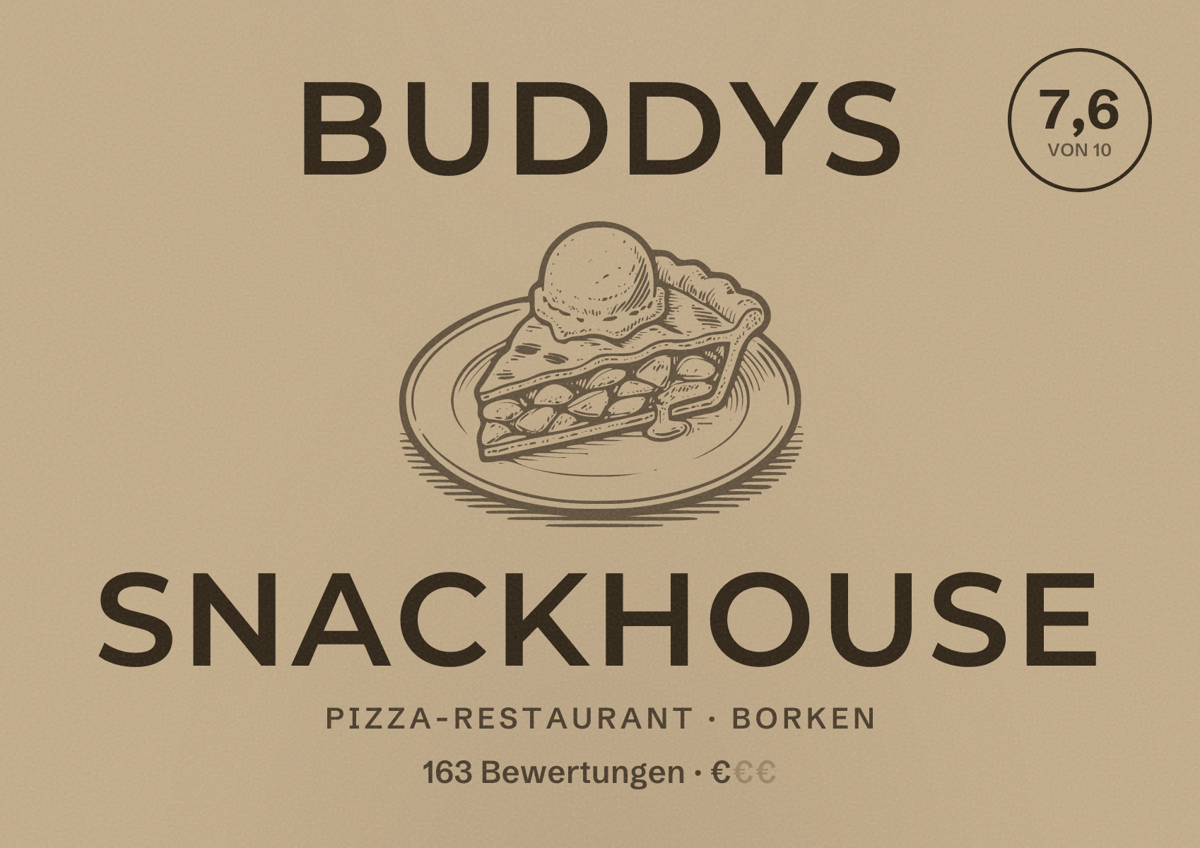 Illustriertes Poster von Buddys Snackhouse, Pizza-Restaurant in Borken: Bewertung 7,6 von 10 aus 163 Bewertungen, Preisniveau €