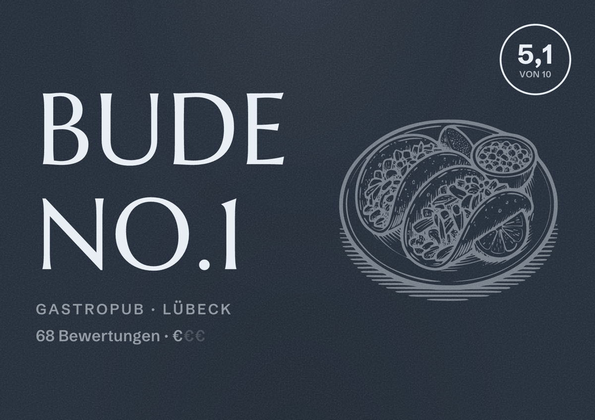 Illustriertes Poster von BUDE NO.1, Gastropub in Lübeck: Bewertung 5,1 von 10 aus 68 Bewertungen, Preisniveau €