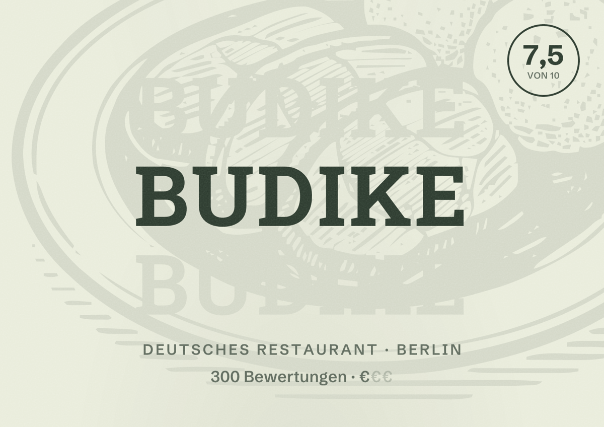 Illustriertes Poster von Budike, Deutsches Restaurant in Berlin: Bewertung 7,5 von 10 aus 300 Bewertungen, Preisniveau €