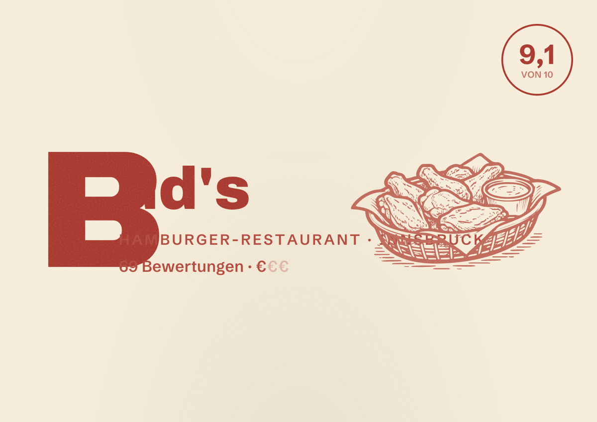 Illustriertes Poster von Bud's, Hamburger-Restaurant in Innsbruck: Bewertung 9,1 von 10 aus 69 Bewertungen, Preisniveau €