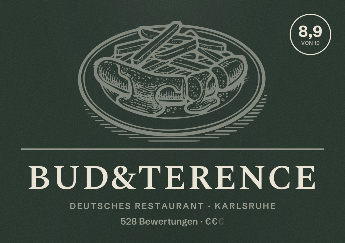 Illustriertes Poster von Bud&Terence, Deutsches Restaurant in Karlsruhe: Bewertung 8,9 von 10 aus 528 Bewertungen, Preisniveau €€