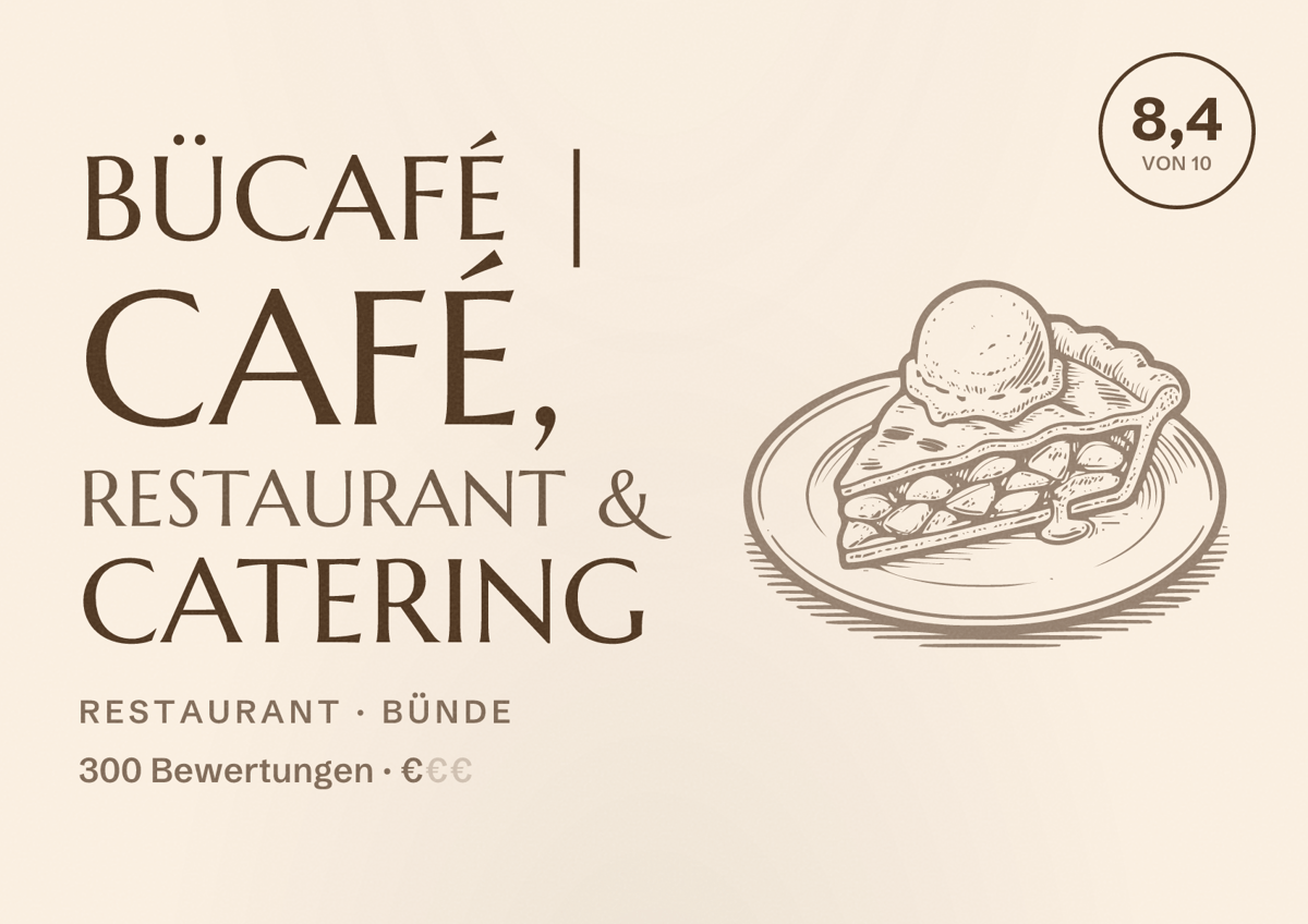 Illustriertes Poster von BüCafé | Café, Restaurant & Catering, Restaurant in Bünde: Bewertung 8,4 von 10 aus 300 Bewertungen, Preisniveau €