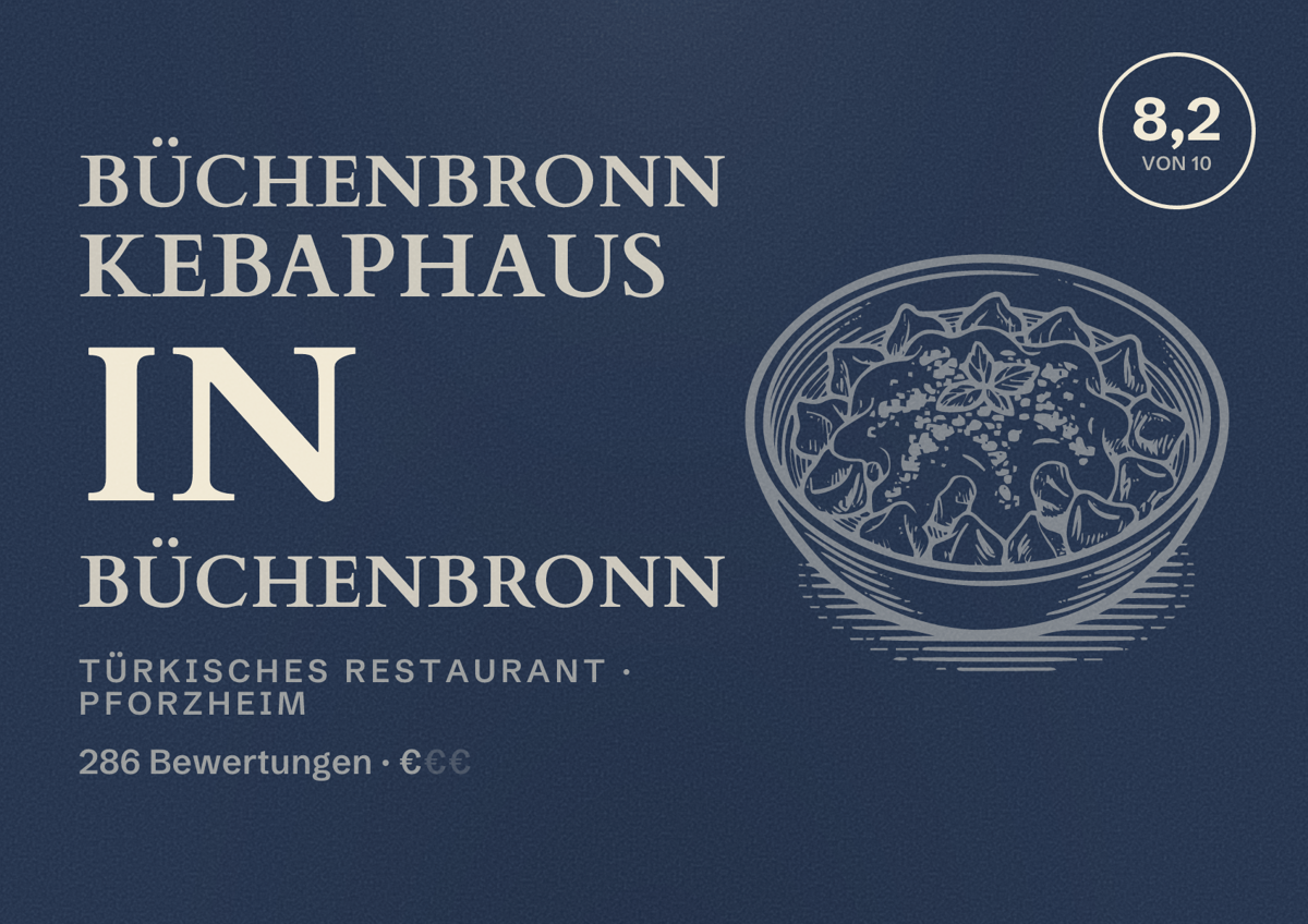 Illustriertes Poster von Büchenbronn Kebaphaus in Büchenbronn, Türkisches Restaurant in Pforzheim: Bewertung 8,2 von 10 aus 286 Bewertungen, Preisniveau €