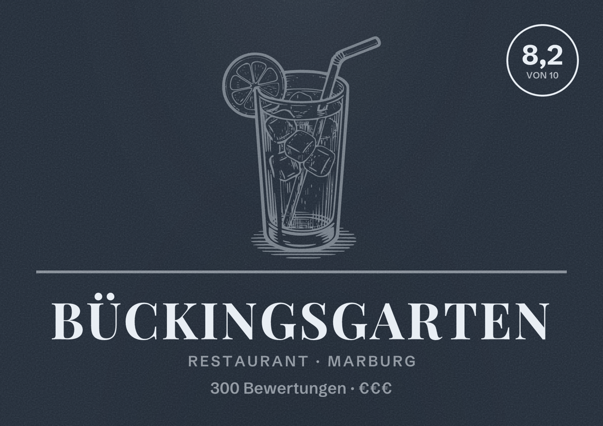Illustriertes Poster von Bückingsgarten, Restaurant in Marburg: Bewertung 8,2 von 10 aus 300 Bewertungen, Preisniveau €€€