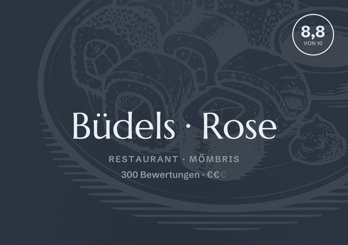 Illustriertes Poster von Büdels Rose, Restaurant in Mömbris: Bewertung 8,8 von 10 aus 300 Bewertungen, Preisniveau €€