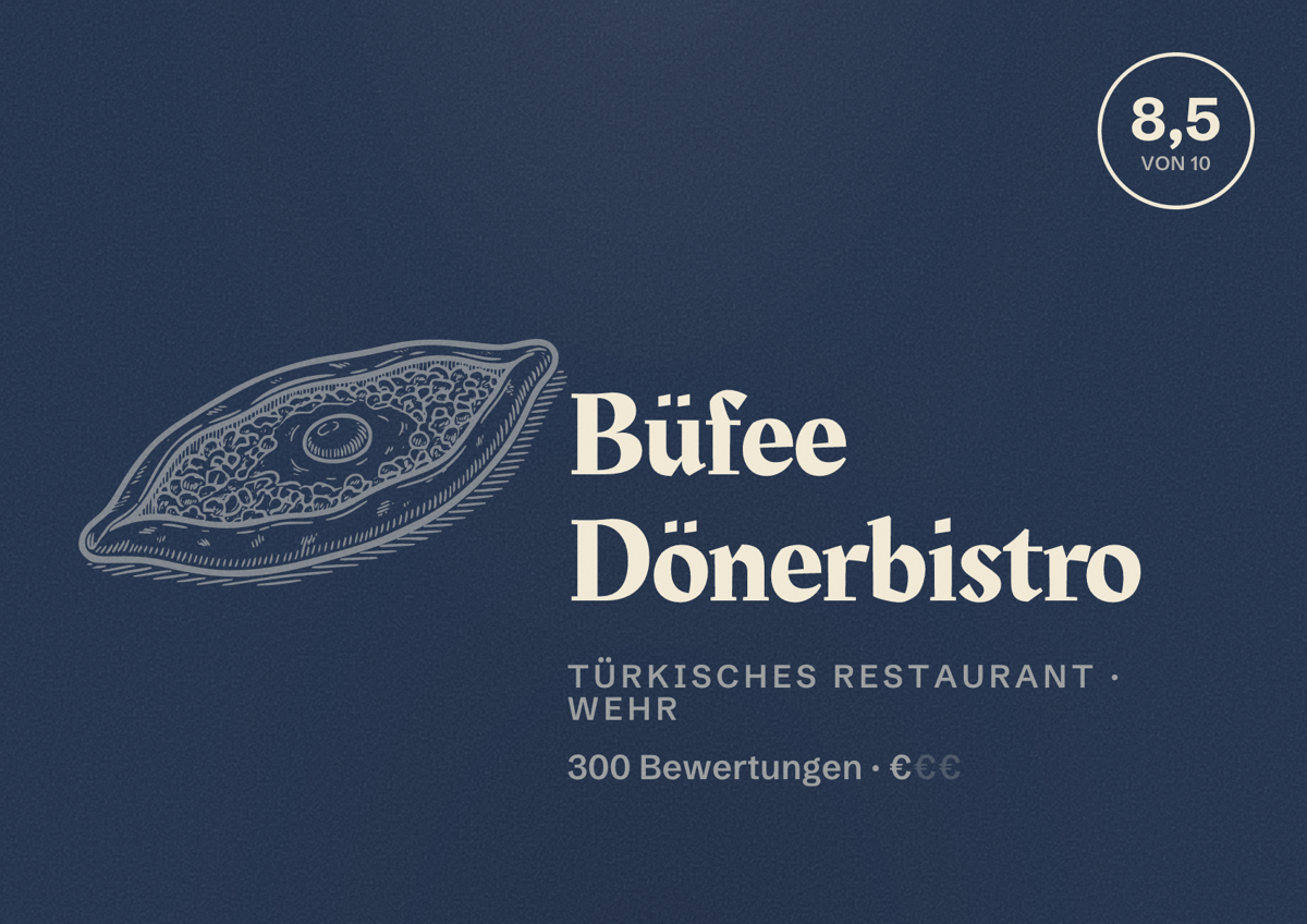 Illustriertes Poster von Büfee Dönerbistro, Türkisches Restaurant in Wehr: Bewertung 8,5 von 10 aus 300 Bewertungen, Preisniveau €