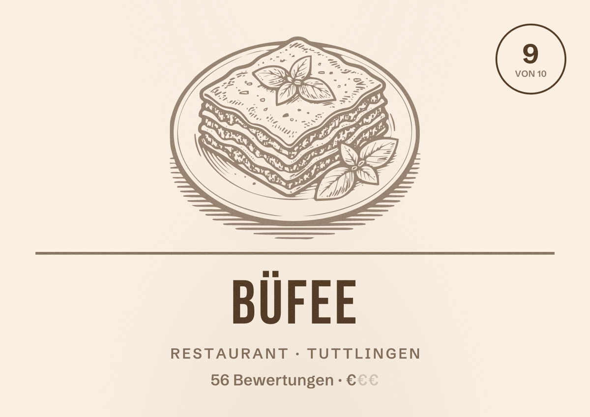 Illustriertes Poster von Büfee, Restaurant in Tuttlingen: Bewertung 9 von 10 aus 56 Bewertungen, Preisniveau €
