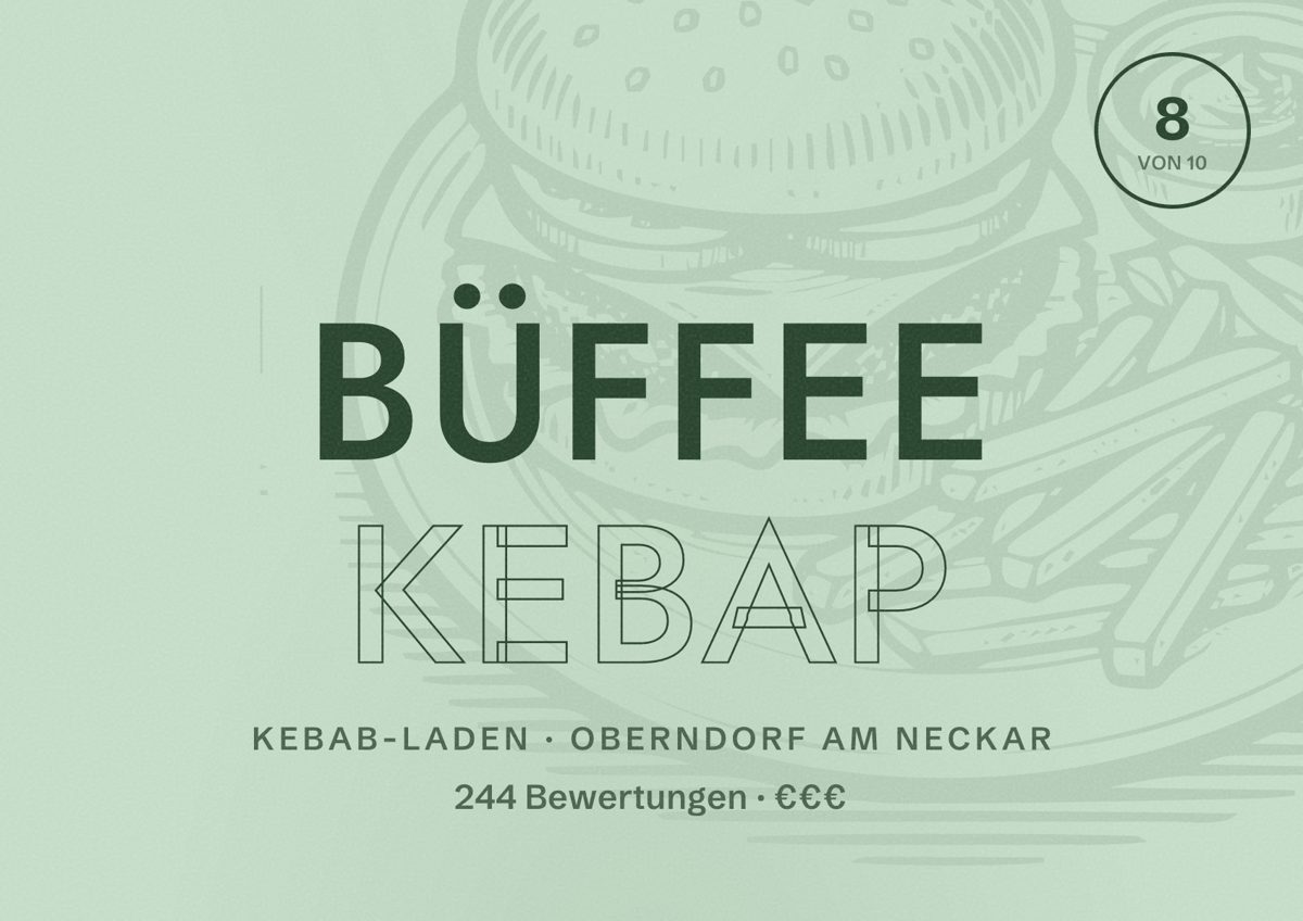 Illustriertes Poster von Büffee Kebap, Kebab-Laden in Oberndorf am Neckar: Bewertung 8 von 10 aus 244 Bewertungen, Preisniveau €€€