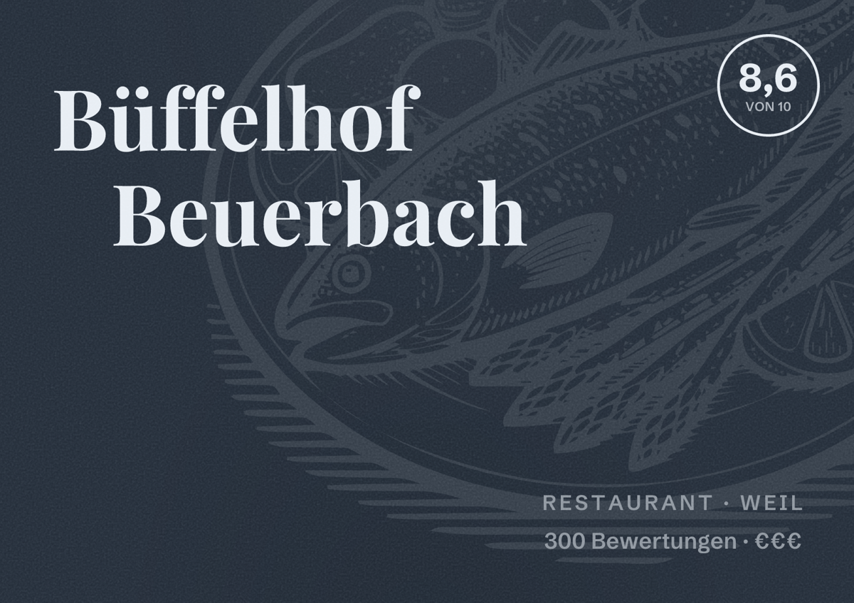 Illustriertes Poster von Büffelhof Beuerbach, Restaurant in Weil: Bewertung 8,6 von 10 aus 300 Bewertungen, Preisniveau €€€