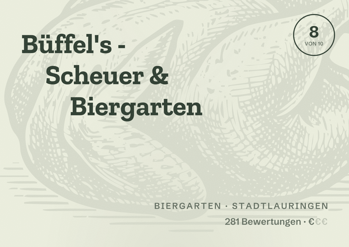 Illustriertes Poster von Büffel's - Scheuer & Biergarten, Biergarten in Stadtlauringen: Bewertung 8 von 10 aus 281 Bewertungen, Preisniveau €