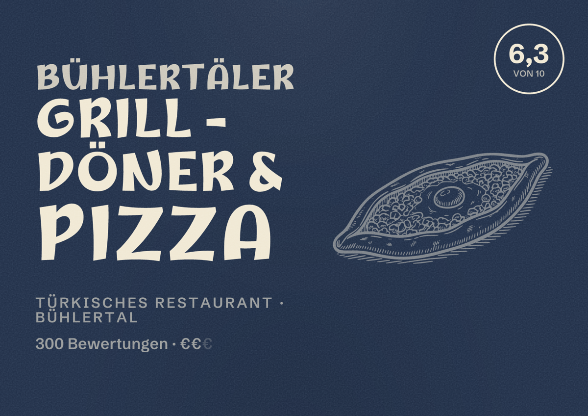 Illustriertes Poster von Bühlertäler Grill - Döner & Pizza, Türkisches Restaurant in Bühlertal: Bewertung 6,3 von 10 aus 300 Bewertungen, Preisniveau €€
