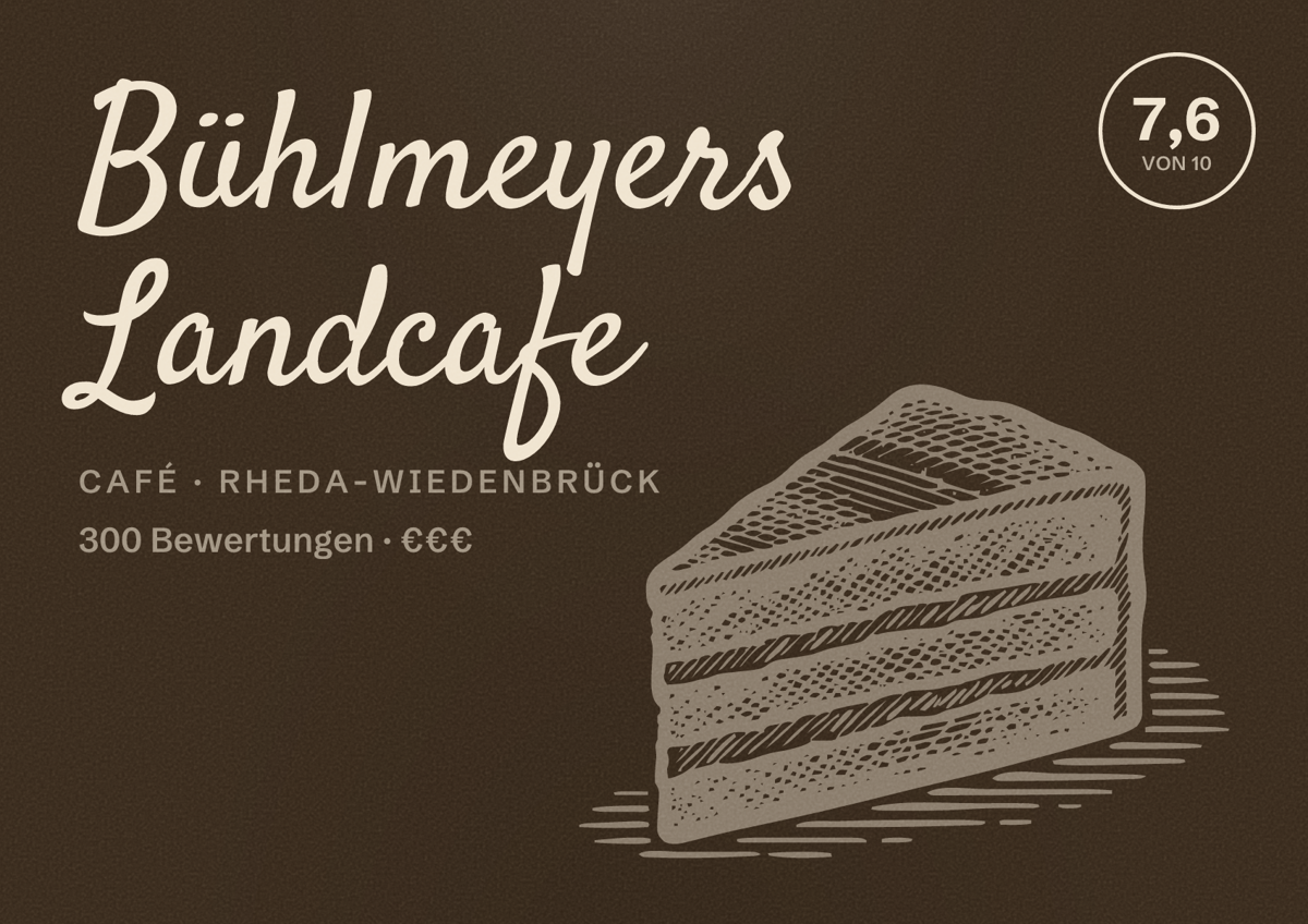 Illustriertes Poster von Bühlmeyers Landcafe, Café in Rheda-Wiedenbrück: Bewertung 7,6 von 10 aus 300 Bewertungen, Preisniveau €€€