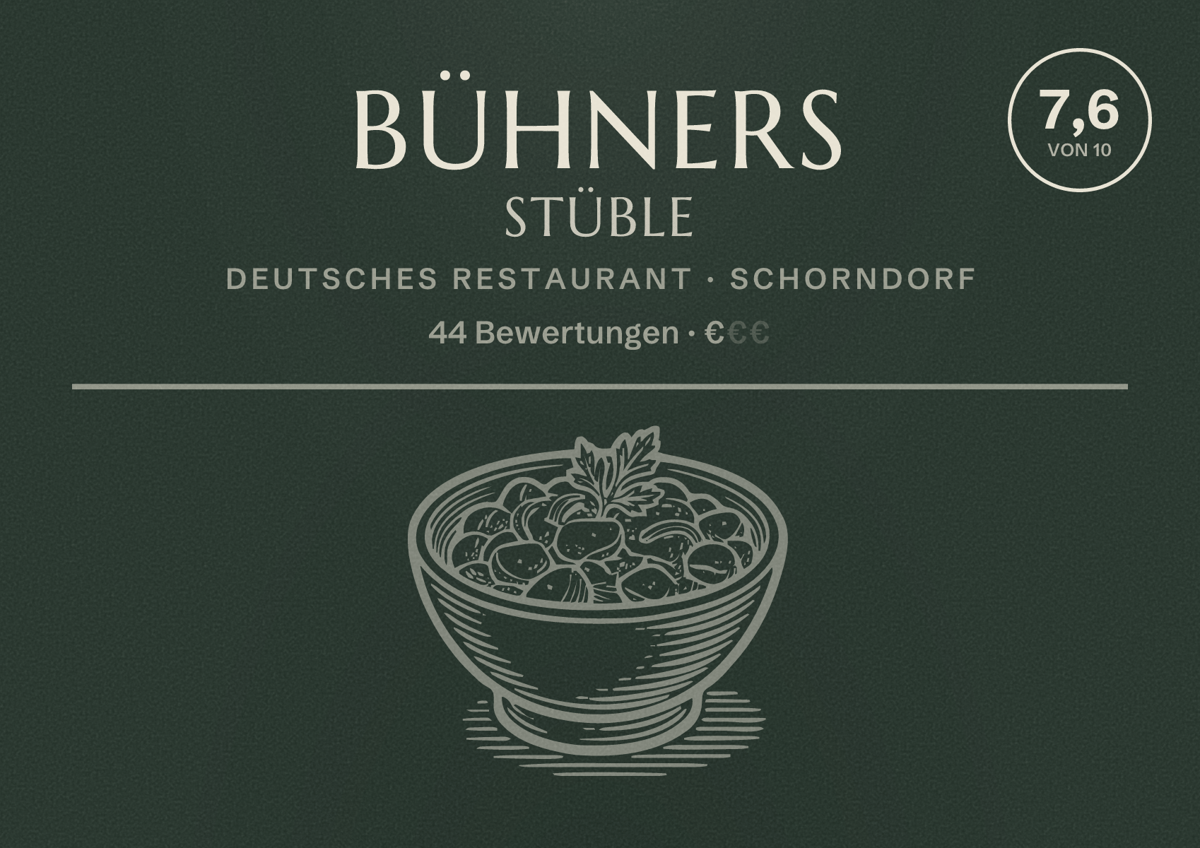 Illustriertes Poster von Bühners Stüble, Deutsches Restaurant in Schorndorf: Bewertung 7,6 von 10 aus 44 Bewertungen, Preisniveau €