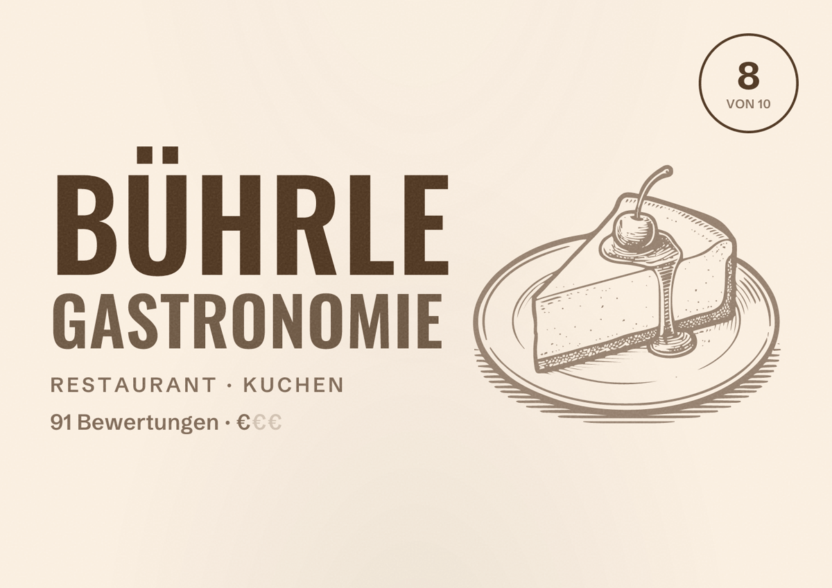 Illustriertes Poster von Bührle Gastronomie, Restaurant in Kuchen: Bewertung 8 von 10 aus 91 Bewertungen, Preisniveau €