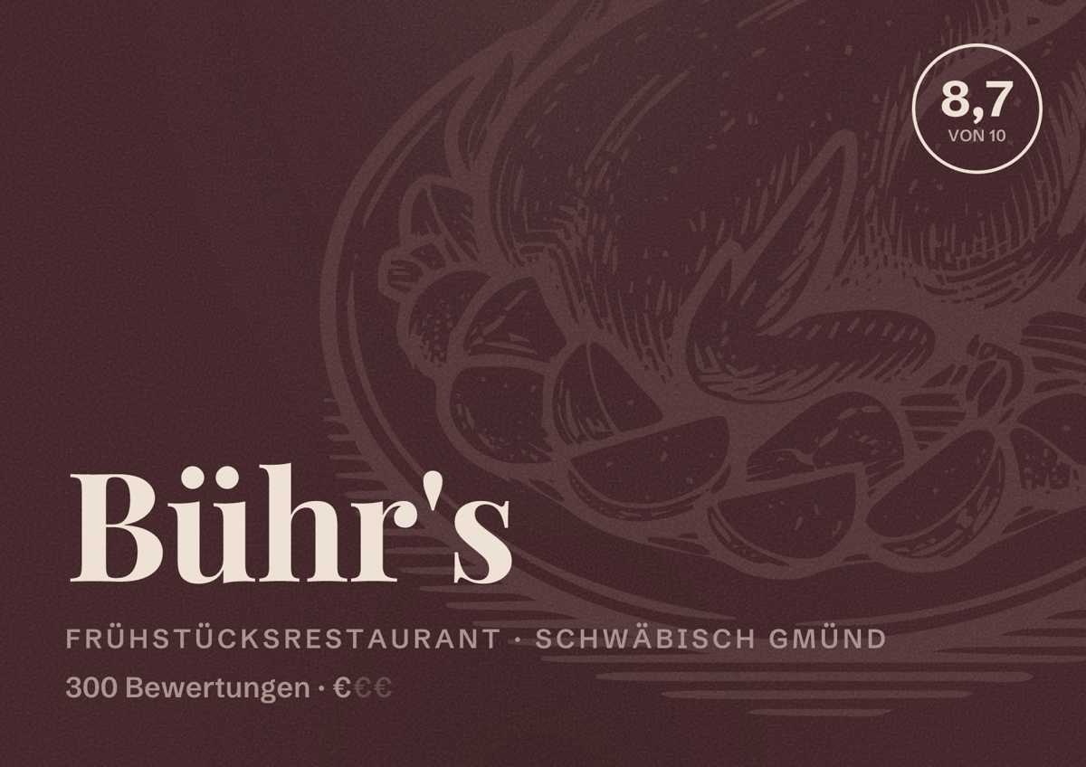 Illustriertes Poster von Bühr's, Frühstücksrestaurant in Schwäbisch Gmünd: Bewertung 8,7 von 10 aus 300 Bewertungen, Preisniveau €