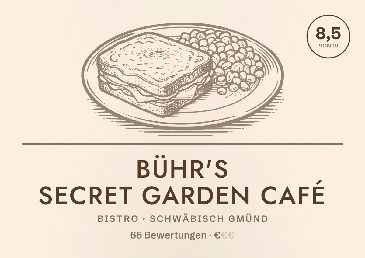 Illustriertes Poster von Bühr's Secret Garden Café, Bistro in Schwäbisch Gmünd: Bewertung 8,5 von 10 aus 66 Bewertungen, Preisniveau €