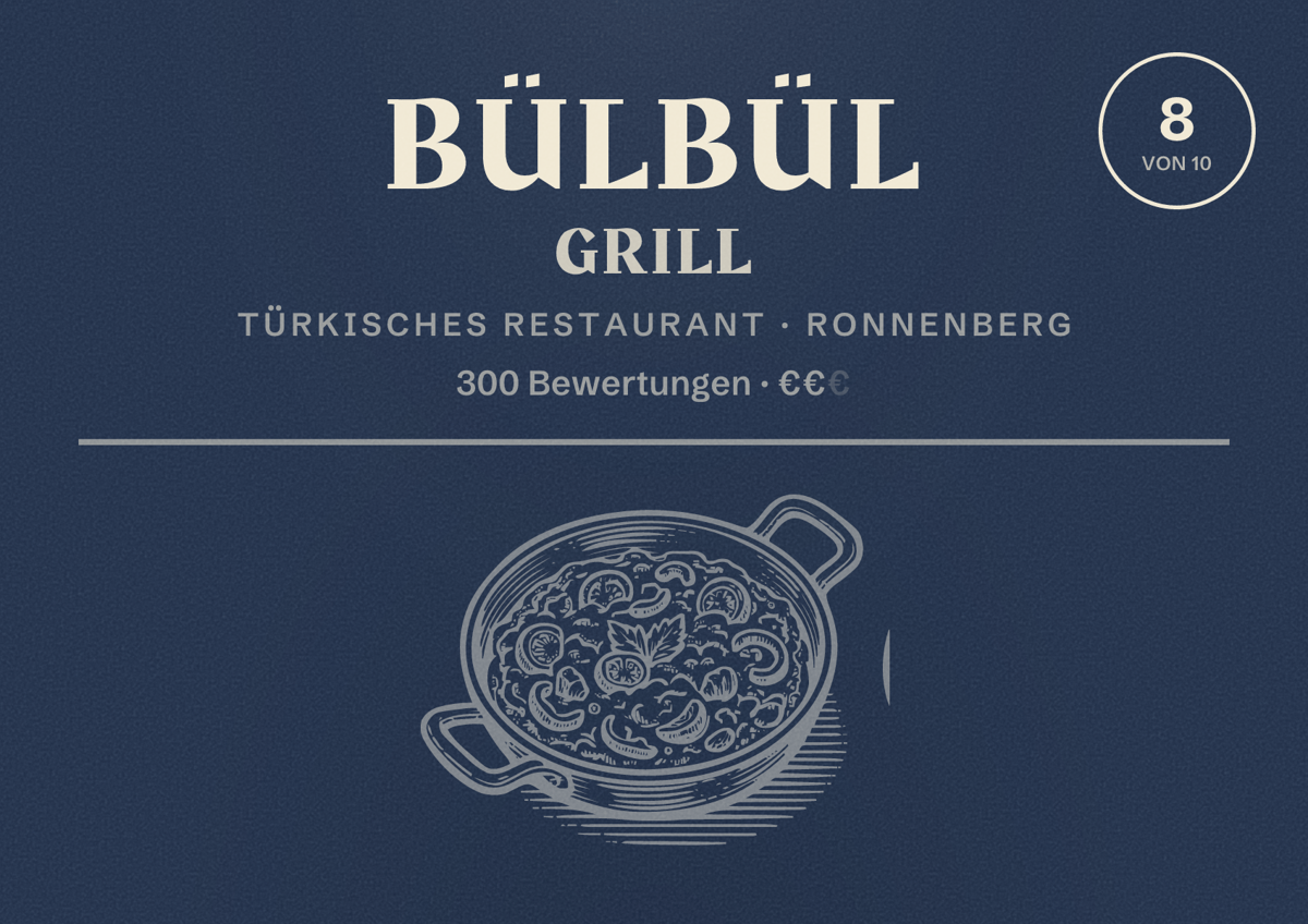 Illustriertes Poster von Bülbül Grill, Türkisches Restaurant in Ronnenberg: Bewertung 8 von 10 aus 300 Bewertungen, Preisniveau €€