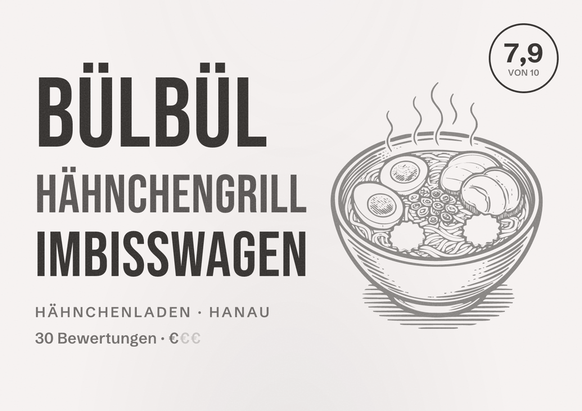 Illustriertes Poster von Bülbül Hähnchengrill Imbisswagen, Hähnchenladen in Hanau: Bewertung 7,9 von 10 aus 30 Bewertungen, Preisniveau €