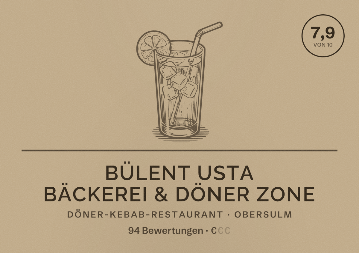 Illustriertes Poster von Bülent USTA Bäckerei & Döner Zone, Döner-Kebab-Restaurant in Obersulm: Bewertung 7,9 von 10 aus 94 Bewertungen, Preisniveau €