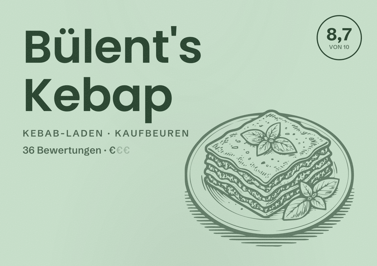 Illustriertes Poster von Bülent's Kebap, Kebab-Laden in Kaufbeuren: Bewertung 8,7 von 10 aus 36 Bewertungen, Preisniveau €
