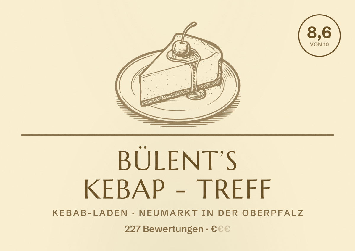 Illustriertes Poster von Bülent’s Kebap - Treff, Kebab-Laden in Neumarkt in der Oberpfalz: Bewertung 8,6 von 10 aus 227 Bewertungen, Preisniveau €