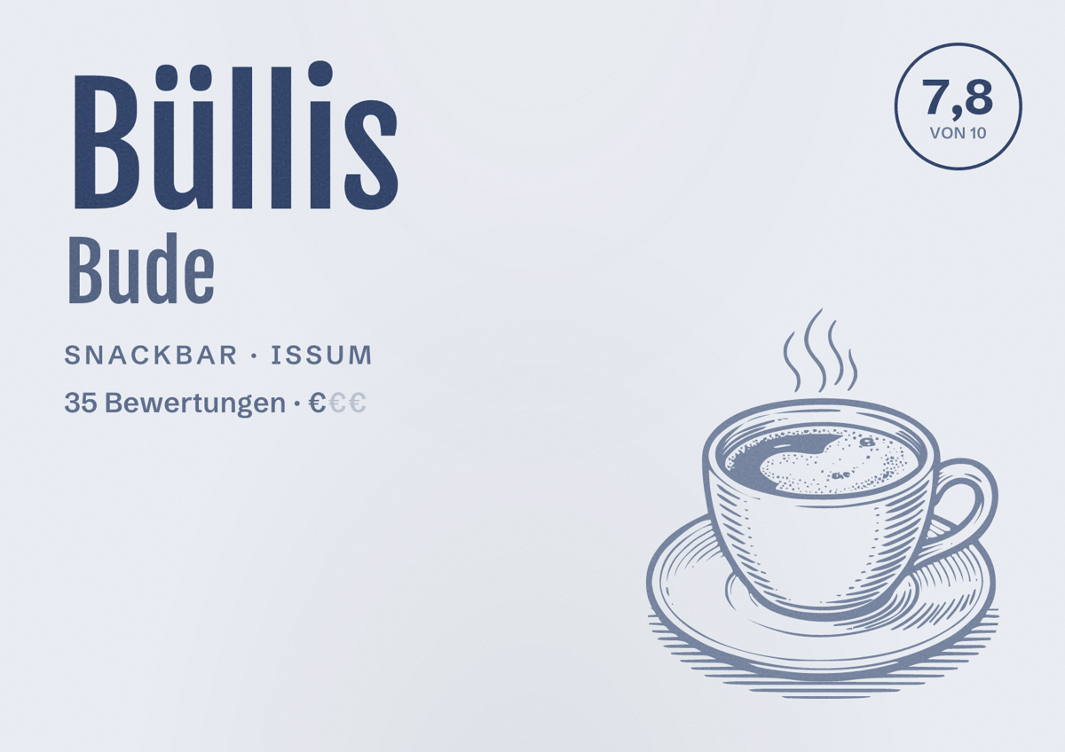 Illustriertes Poster von Büllis Bude, Snackbar in Issum: Bewertung 7,8 von 10 aus 35 Bewertungen, Preisniveau €