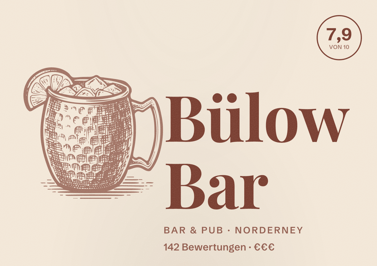 Illustriertes Poster von Bülow Bar, Bar & Pub in Norderney: Bewertung 7,9 von 10 aus 142 Bewertungen, Preisniveau €€€