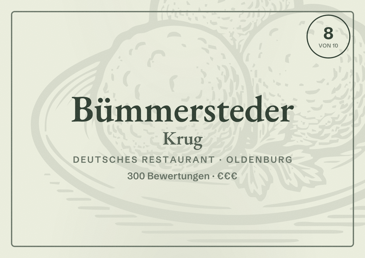 Illustriertes Poster von Bümmersteder Krug, Deutsches Restaurant in Oldenburg: Bewertung 8,0 von 10 aus 300 Bewertungen, Preisniveau €€€