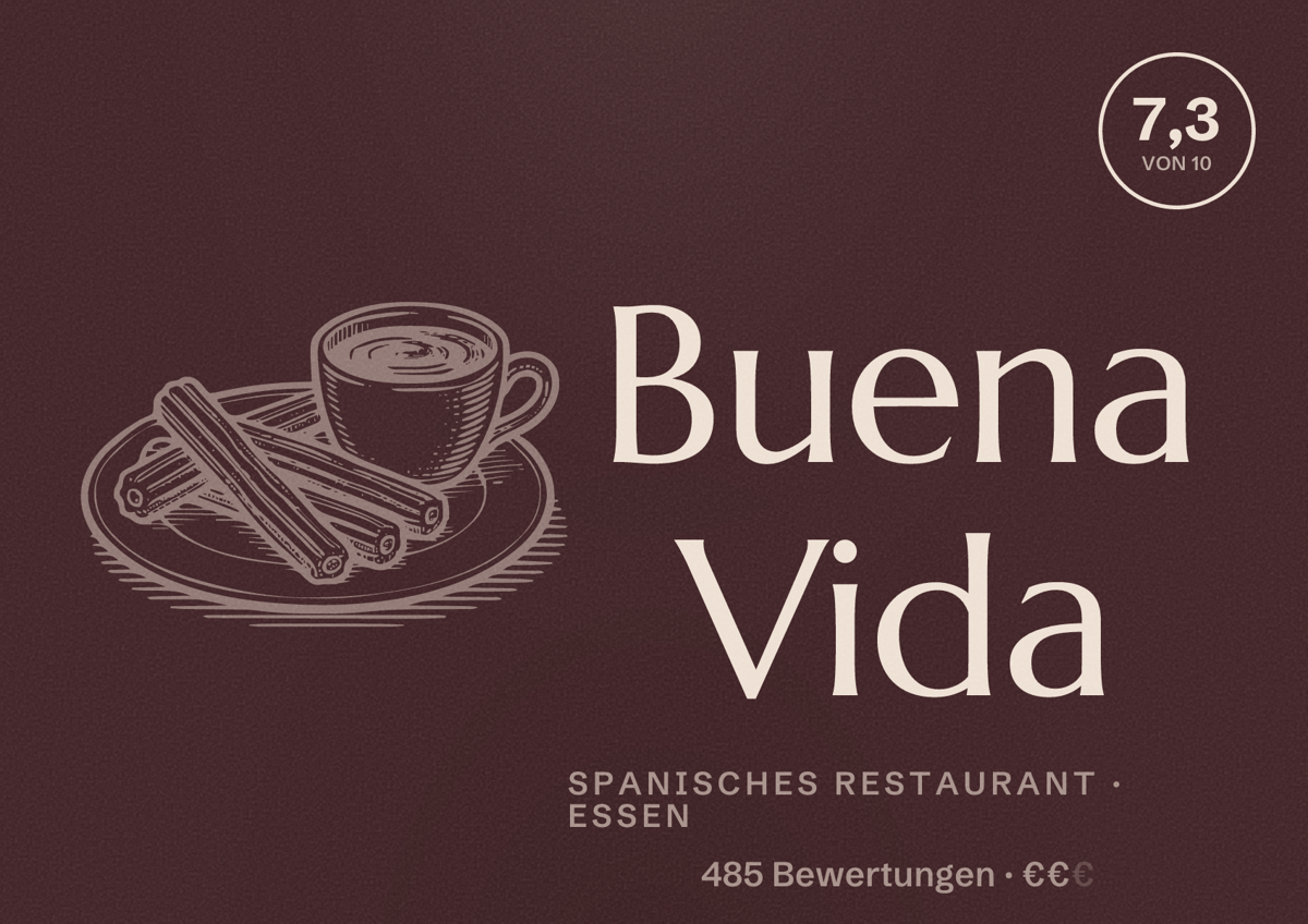 Illustriertes Poster von Buena Vida, Spanisches Restaurant in Essen: Bewertung 7,3 von 10 aus 485 Bewertungen, Preisniveau €€