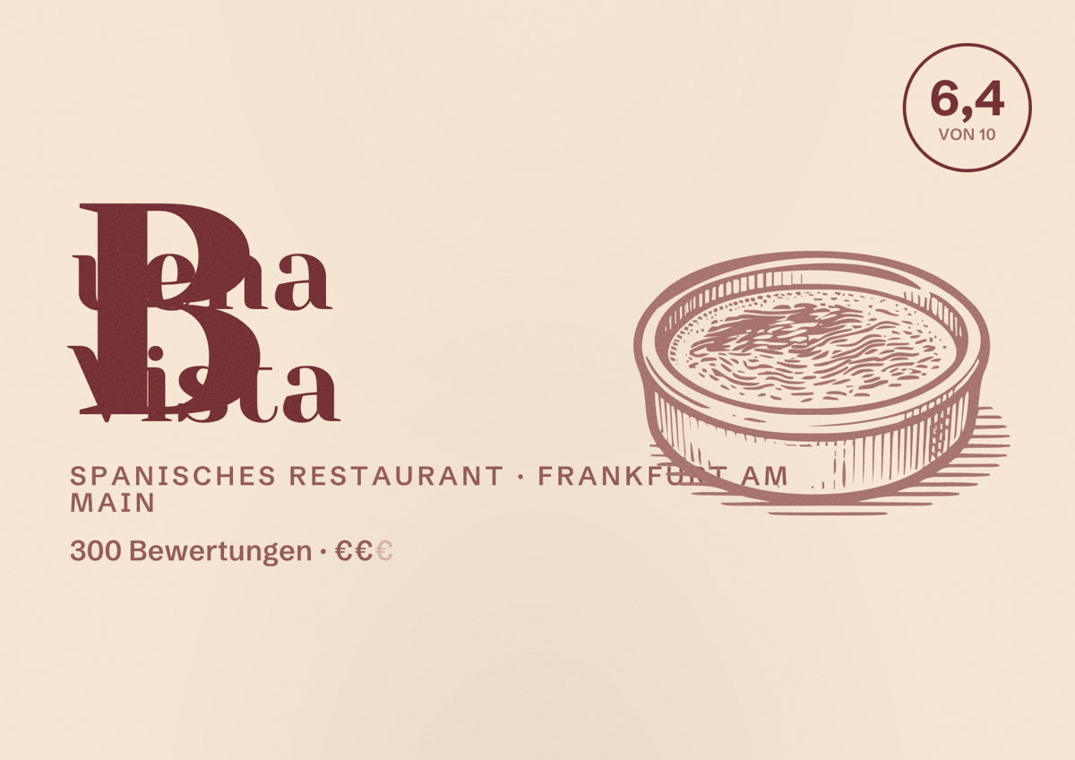 Illustriertes Poster von Buena Vista, Spanisches Restaurant in Frankfurt am Main: Bewertung 6,4 von 10 aus 300 Bewertungen, Preisniveau €€