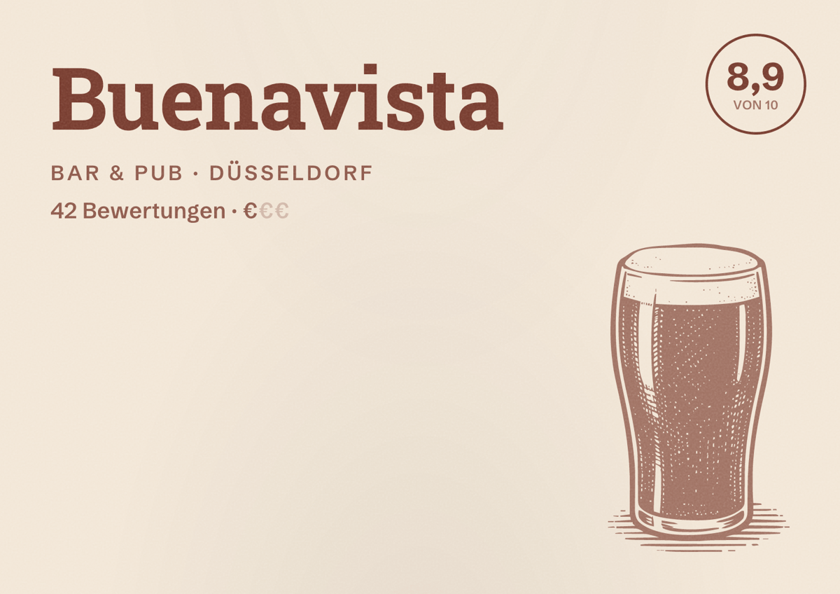 Illustriertes Poster von Buenavista, Bar & Pub in Düsseldorf: Bewertung 8,9 von 10 aus 42 Bewertungen, Preisniveau €