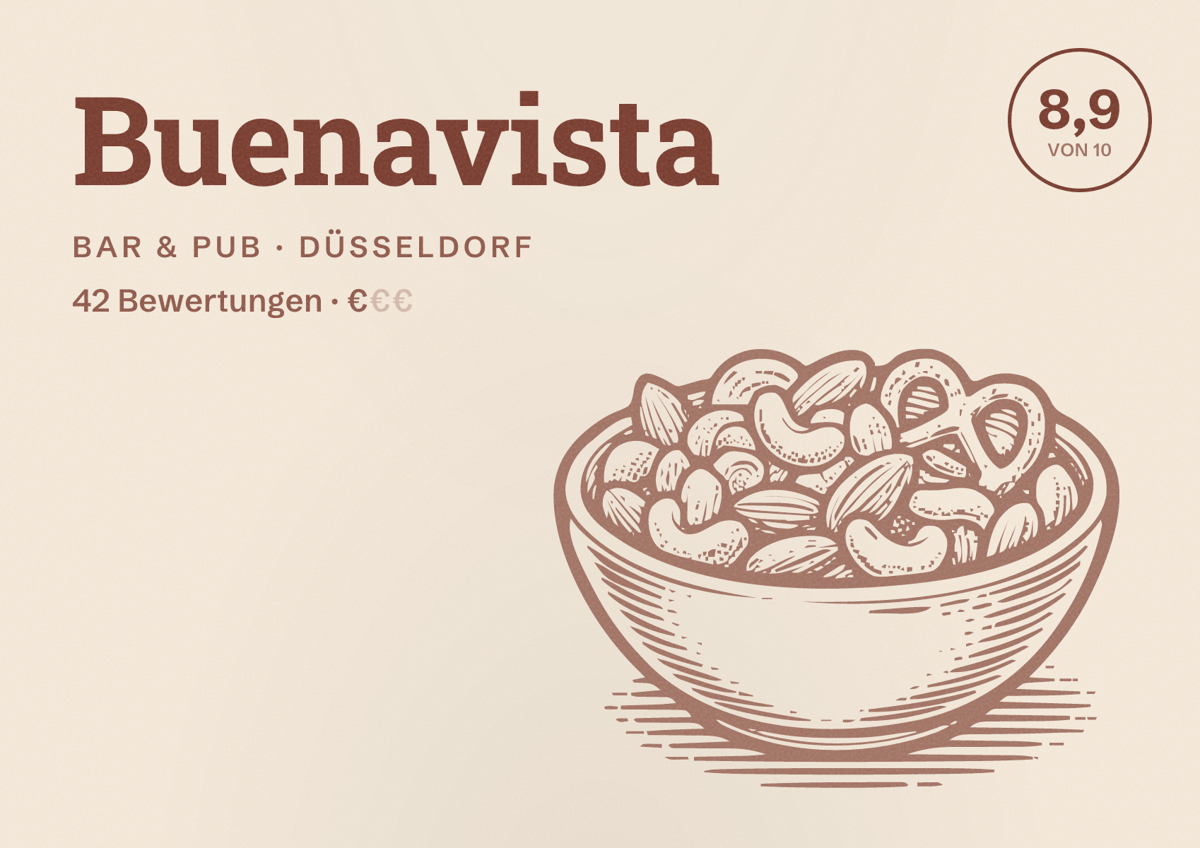 Illustriertes Poster von Buenavista, Bar & Pub in Düsseldorf: Bewertung 8,9 von 10 aus 42 Bewertungen, Preisniveau €