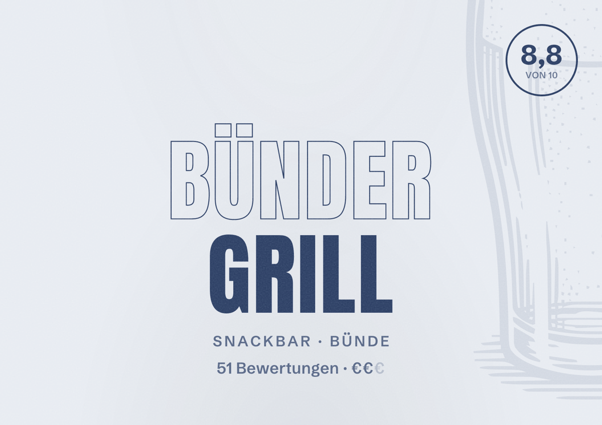 Illustriertes Poster von Bünder Grill, Snackbar in Bünde: Bewertung 8,8 von 10 aus 51 Bewertungen, Preisniveau €€