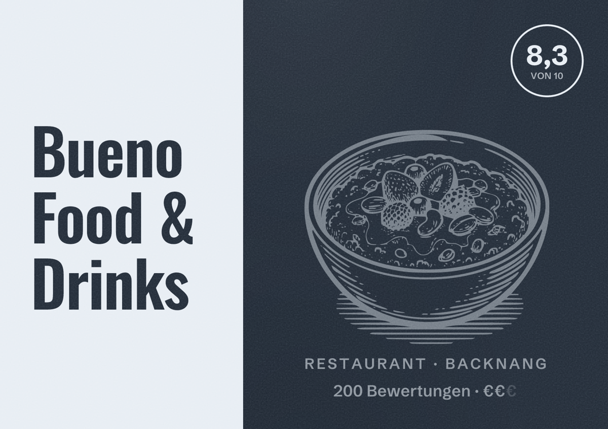 Illustriertes Poster von Bueno Food & Drinks, Restaurant in Backnang: Bewertung 8,3 von 10 aus 200 Bewertungen, Preisniveau €€