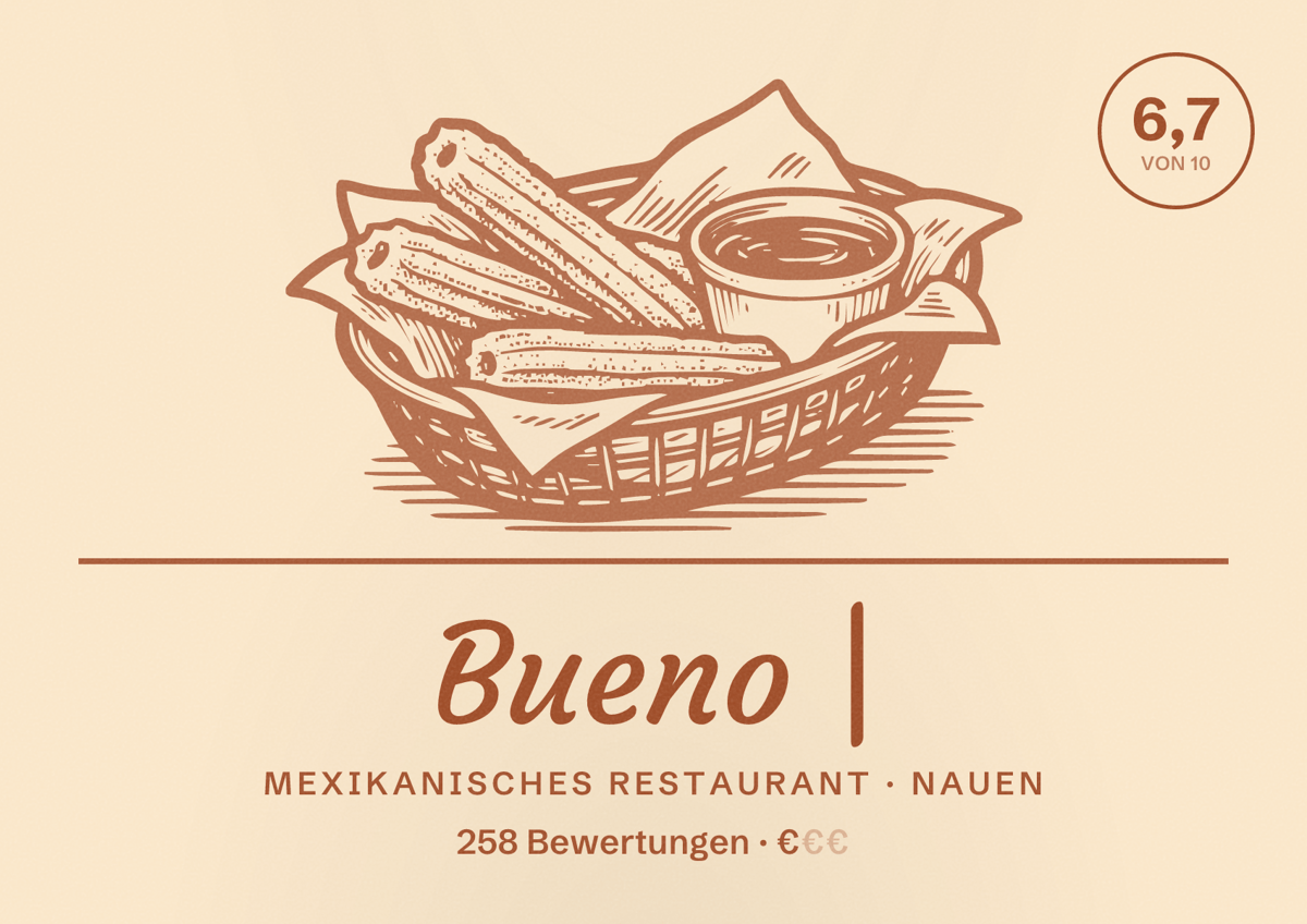 Illustriertes Poster von Bueno |, Mexikanisches Restaurant in Nauen: Bewertung 6,7 von 10 aus 258 Bewertungen, Preisniveau €