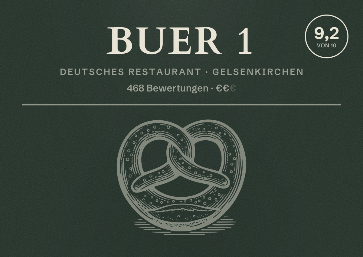 Illustriertes Poster von BUER 1, Deutsches Restaurant in Gelsenkirchen: Bewertung 9,2 von 10 aus 468 Bewertungen, Preisniveau €€