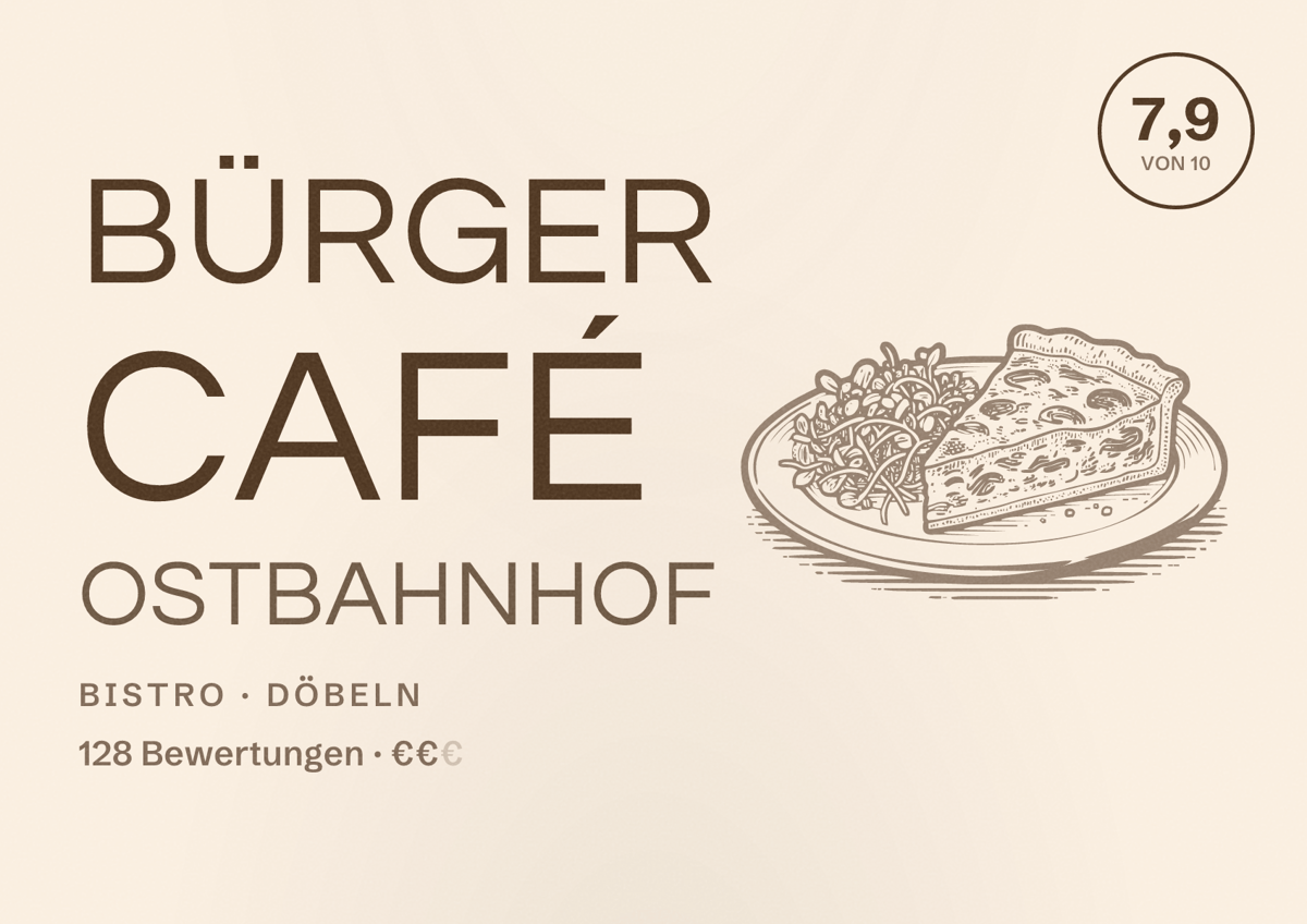 Illustriertes Poster von Bürger Café Ostbahnhof, Bistro in Döbeln: Bewertung 7,9 von 10 aus 128 Bewertungen, Preisniveau €€