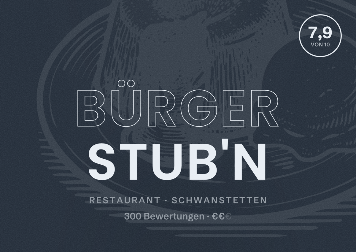 Illustriertes Poster von Bürger Stub'n, Restaurant in Schwanstetten: Bewertung 7,9 von 10 aus 300 Bewertungen, Preisniveau €€