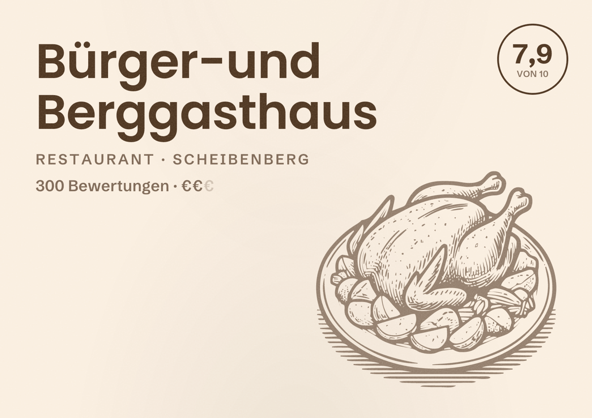 Illustriertes Poster von Bürger-und Berggasthaus, Restaurant in Scheibenberg: Bewertung 7,9 von 10 aus 300 Bewertungen, Preisniveau €€
