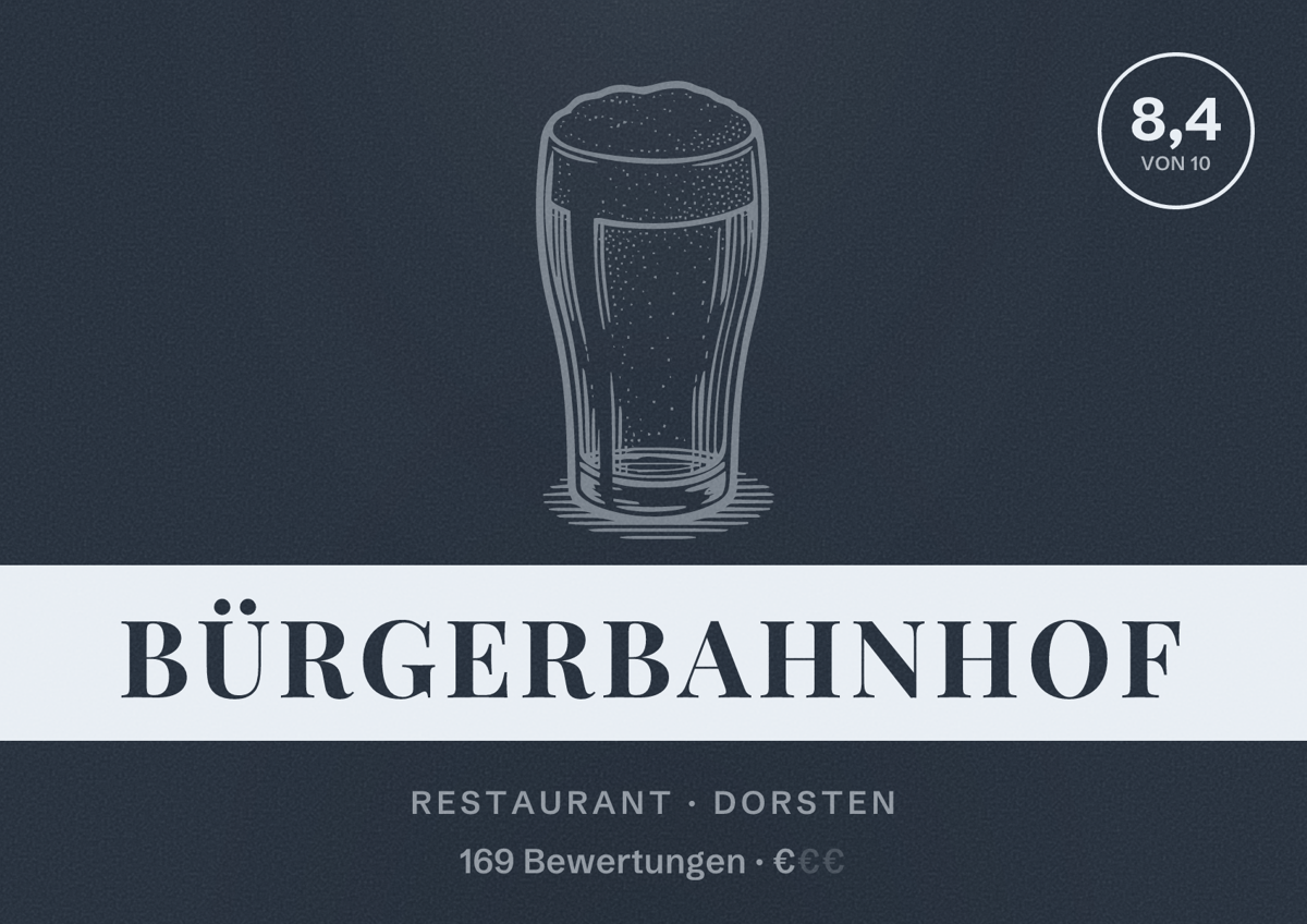 Illustriertes Poster von Bürgerbahnhof, Restaurant in Dorsten: Bewertung 8,4 von 10 aus 169 Bewertungen, Preisniveau €